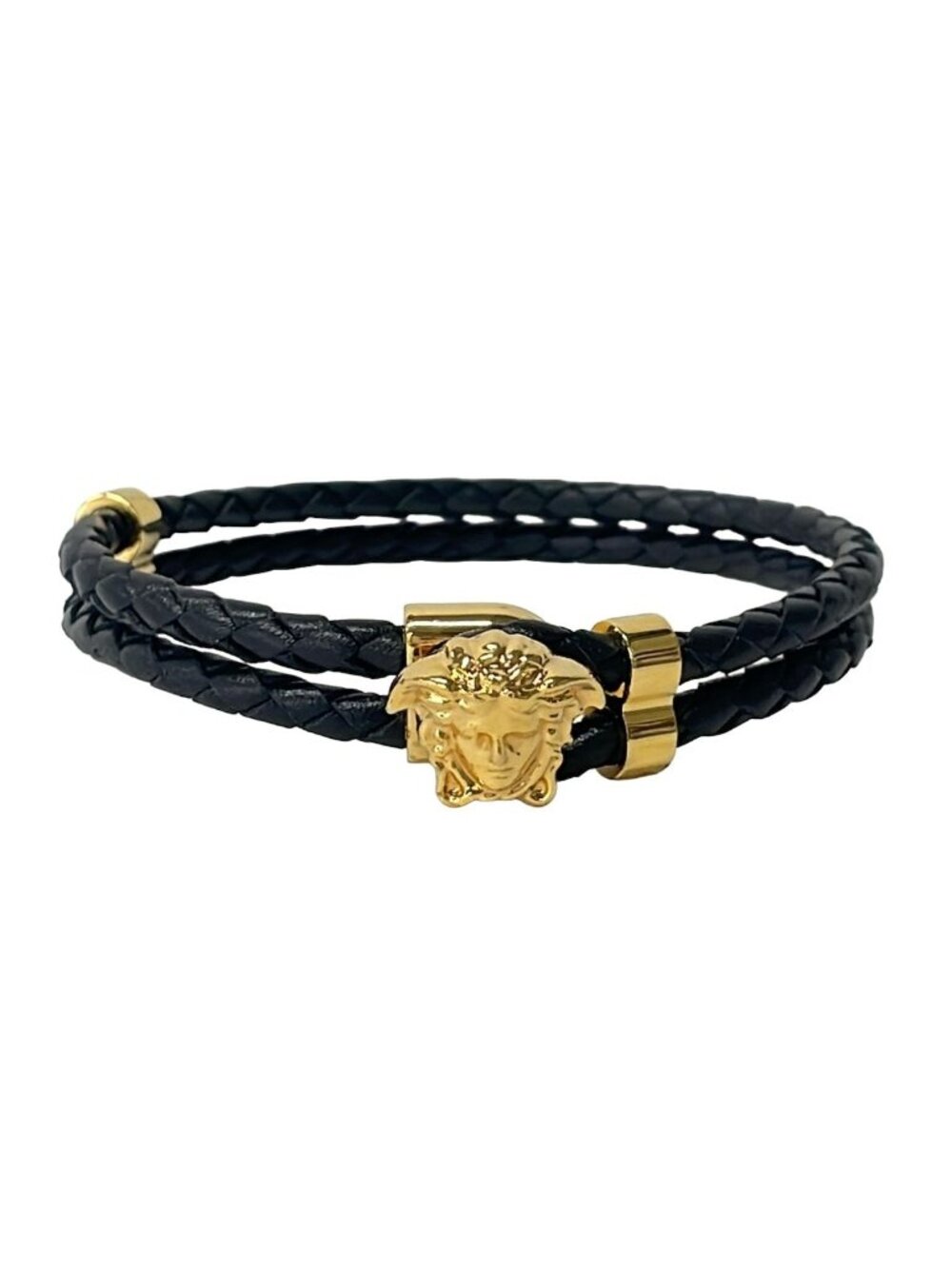 Versace Bracelet Leather Black Gold Medusa Braid